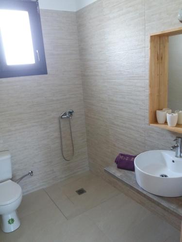 a bathroom with a sink and a toilet at ALKYONI HOUSE IN AFYTOS in Afitos