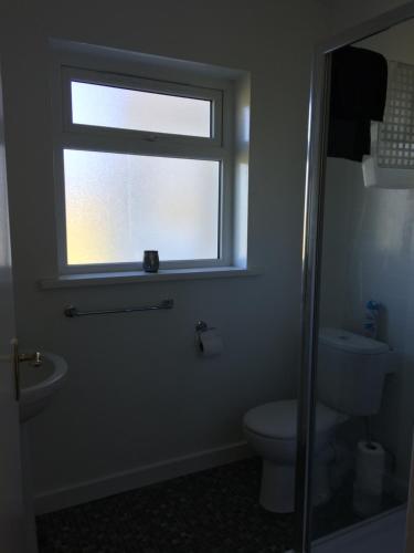 a bathroom with a toilet and a window at Annie's River Retreat in Doochary