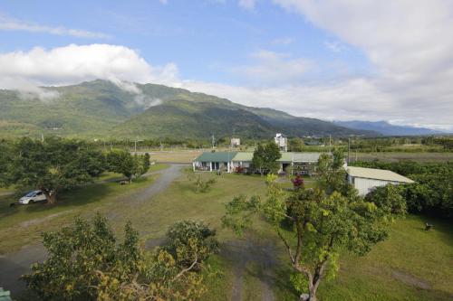 an aerial view of a farm with a mountain in the background at 鄉村民宿&庭園民宿 in Ruisui