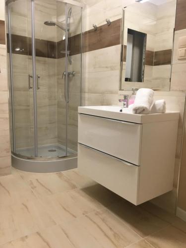 a bathroom with a sink and a shower at Apartamenty Silence Baltic Pod Żaglami in Pobierowo