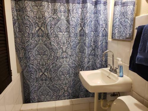 a bathroom with a shower curtain and a sink at Little Indigo Apartments in Mafolie