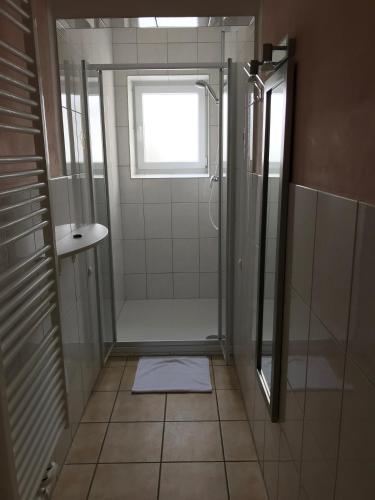 a bathroom with a shower and a window at Hotel Luitpold in Landshut