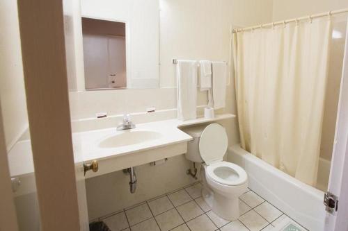 a bathroom with a sink and a toilet and a mirror at San Carlos Inn in San Carlos