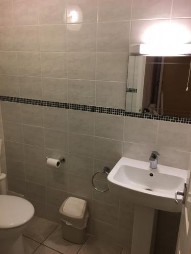 a bathroom with a sink and a toilet and a mirror at Bella Vista Hotel in Weston-super-Mare