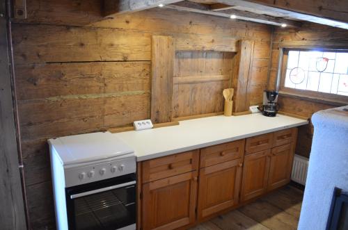 a kitchen with wooden walls and a stove at Koanzhaus, Troadkasten in Franking