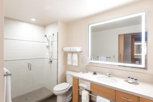 bagno con lavandino, servizi igienici e specchio di Cedarbrook Lodge a SeaTac