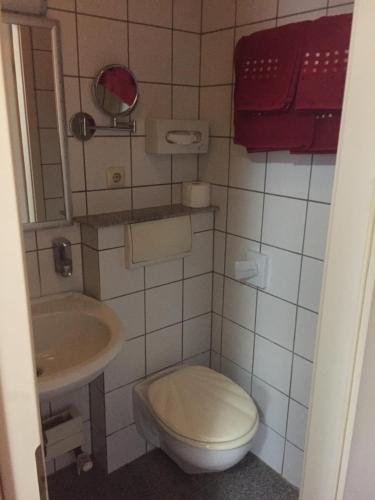 een kleine badkamer met een toilet en een wastafel bij Hotel City Faber in Worms