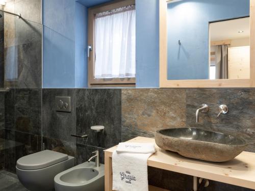 a bathroom with a sink and a toilet and a mirror at Rifugio Graziani Hütte in San Vigilio Di Marebbe