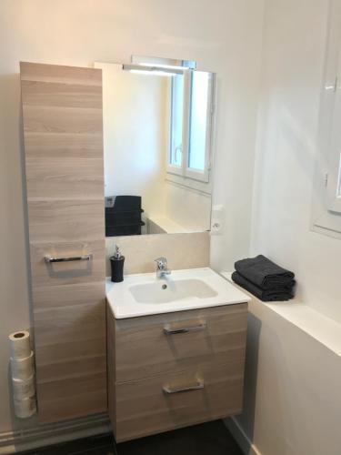 une salle de bain avec un lavabo et un miroir dans l'établissement Studio cozy hypercentre, au Mans