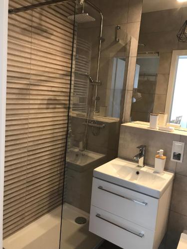 a bathroom with a sink and a glass shower at Apartament Antoniny in Leszno