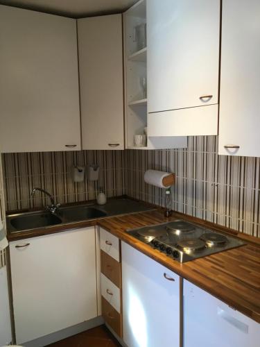 kuchnia z białymi szafkami i zlewem w obiekcie Giomein appartamento sulle piste , CIR 0280 w mieście Breuil-Cervinia