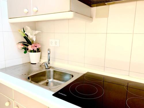 blat kuchenny ze zlewem i wazonem kwiatów w obiekcie Apartamento Marina Loft w mieście Benalmádena