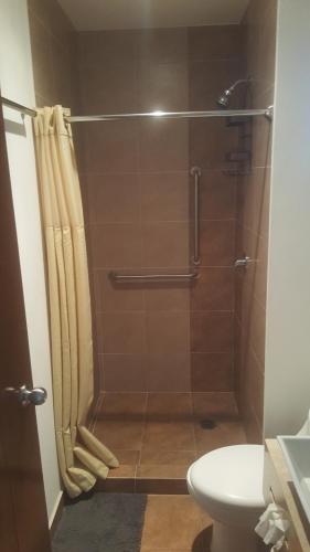 a bathroom with a shower with a sink and a toilet at Division del Norte Rooms in Mexico City