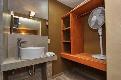 a bathroom with a sink and a fan on a counter at Hotel Mansion del Cantador in Guanajuato