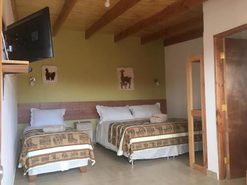 a bedroom with two beds and a flat screen tv at Hostal Pablito 2 in San Pedro de Atacama