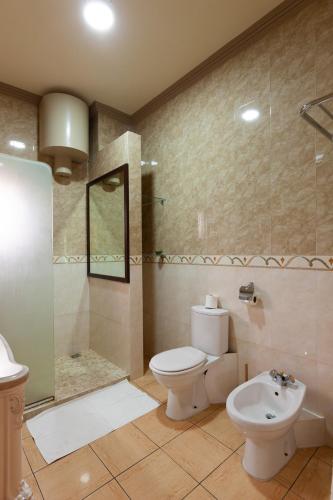a bathroom with a toilet and a shower and a sink at Chez Bea Luxury Villa in Baie Sainte Anne