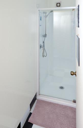a shower with a glass door and a pink rug at Riverside Accommodation in Karangahake
