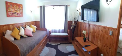 um quarto com um sofá com almofadas em Depto Parque Suizo 800 em Pucón