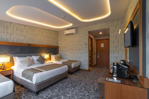 a hotel room with two beds and a television at Vicenza Hotel Istanbul Old City in Istanbul
