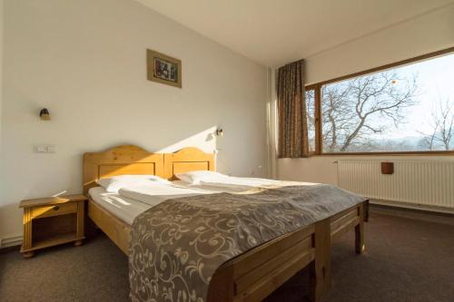 a bedroom with a bed and a large window at Pensiunea Aron 2 in Bran