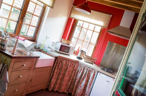 cocina con paredes rojas, fregadero y microondas en Gîte de La Ferme des Crins Blancs, en Hazebrouck