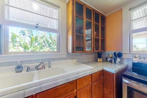 uma cozinha com um grande lavatório e duas janelas em Hamakua Hale Ohana Country Retreat em Papaikou