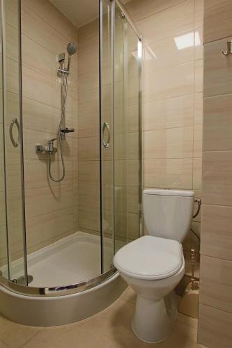 a bathroom with a shower and a toilet and a tub at Hotel SiLL in Kielce