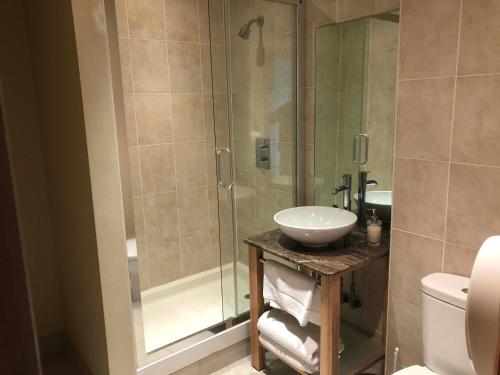 a bathroom with a shower with a sink and a toilet at Castle Sleeper in Corby