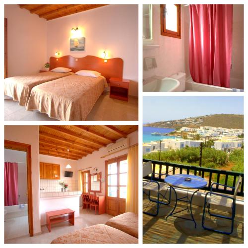 a collage of four pictures of a hotel room at Studios Flora Manos in Platis Gialos