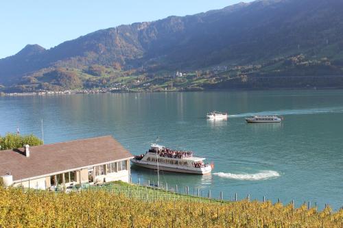 two boats on a lake with mountains in the background at Haus Bünten in Quinten