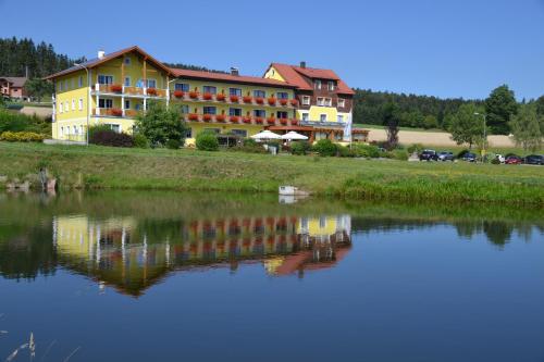 a large building next to a body of water at Gasthof-Pension Nordwald in Harbach