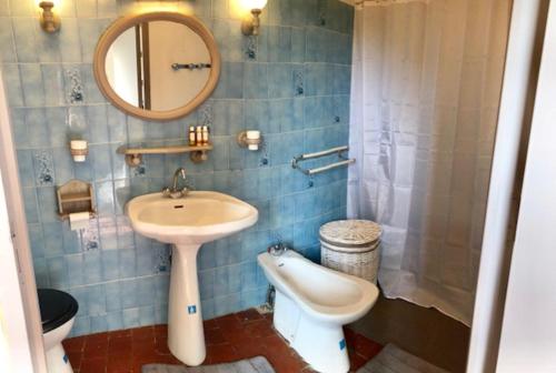 une salle de bain avec un lavabo, des toilettes et un miroir dans l'établissement Fontaine-de-Vaucluse : maison avec vues, à Fontaine-de-Vaucluse