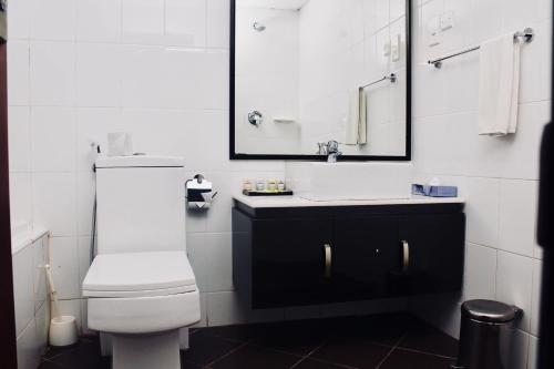 a bathroom with a toilet and a sink and a mirror at Landmark Mbezi Beach Resort in Dar es Salaam