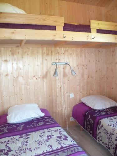 deux lits dans une chambre aux murs en bois dans l'établissement La Ferme Du Duzou, à Saint-Cyprien-sur-Dourdou