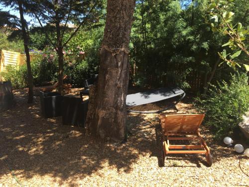 a tree with a chair and a surfboard next to it at Residence Pezza Cardo in Porto-Vecchio