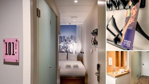two pictures of a hotel room with a bed and a bathroom at Citiez Hotel Amsterdam in Amsterdam