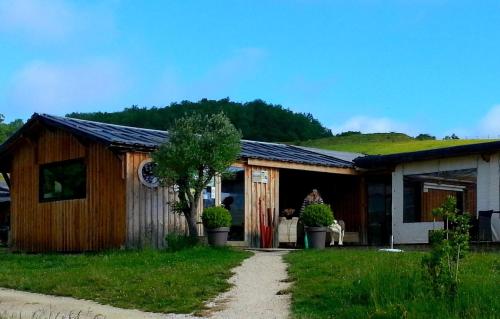 a wooden house with a tree in front of it at Domaine d'Escapa in Estipouy