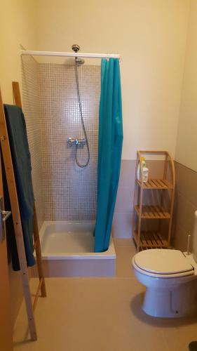 uma casa de banho com um chuveiro com uma cortina de chuveiro azul em Sunshine Apartment em Tavira