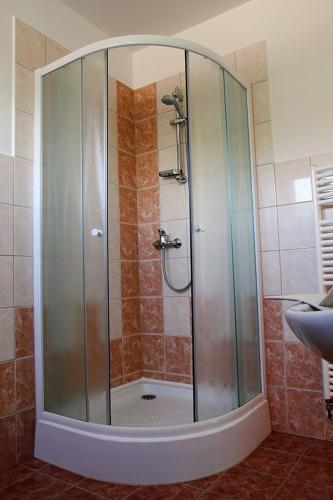 a shower with a glass door in a bathroom at Meissa in Mostek