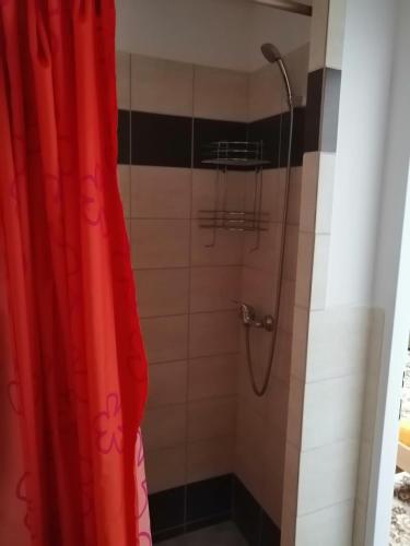 a shower with a red shower curtain in a bathroom at U Ladi in Bulhary
