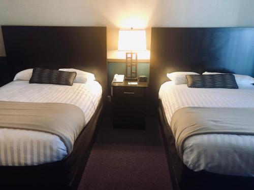 a hotel room with two beds and a lamp at Byrncliff Golf Resort in Varysburg