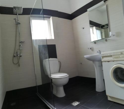 a bathroom with a toilet and a sink and a washing machine at Notos Villas in Frangokastello