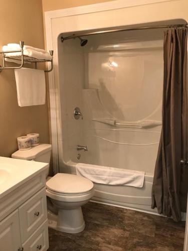 a bathroom with a white toilet and a shower at Riverview Suites in Clarenville