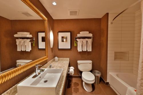 La salle de bains est pourvue d'un lavabo, de toilettes et d'une baignoire. dans l'établissement Radisson Hotel & Convention Center Edmonton, à Edmonton
