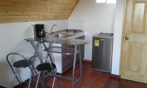 a small kitchen with a sink and a refrigerator at Cabaña Los Llanitos Guatavita in Guatavita