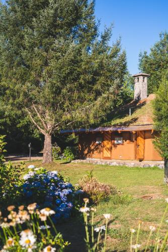a garden with a house with a pond and flowers at Complejo Cabañas Quilamalen in Villarrica