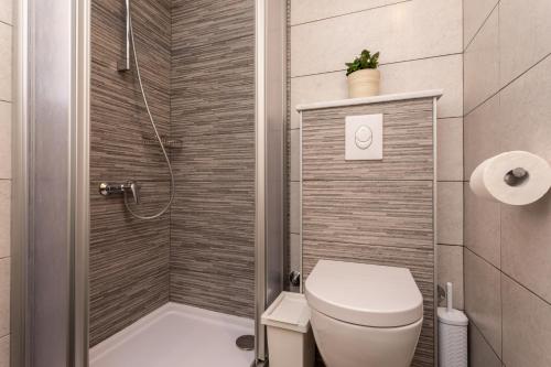 a small bathroom with a toilet and a shower at Pansion Tina in Šilo