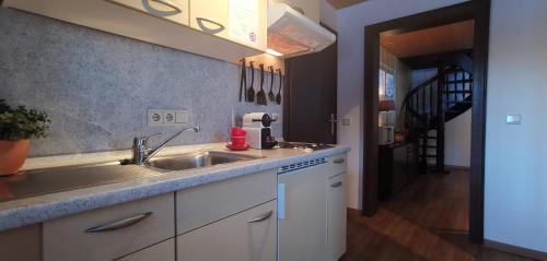 a kitchen with a sink and a counter top at Gästehaus Behabühl in Feldberg