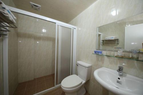 花蓮市的住宿－福杯滿溢民宿，带淋浴、卫生间和盥洗盆的浴室
