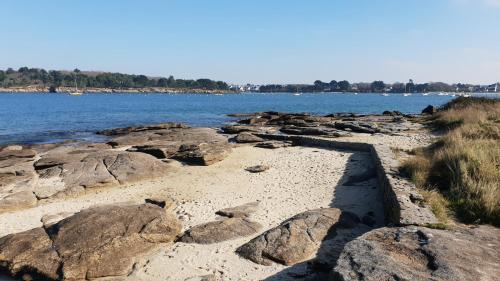 a beach with some rocks and water and trees at 2 Maisons de vacances Sittelles Lodge in Concarneau